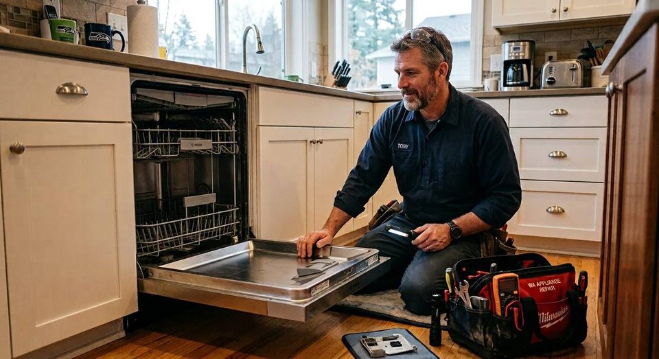 Technician at an open dishwasher with the lower panel removed