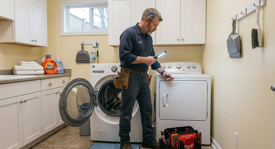 Front-load washer standing open beside its dryer during a laundry-pair visit