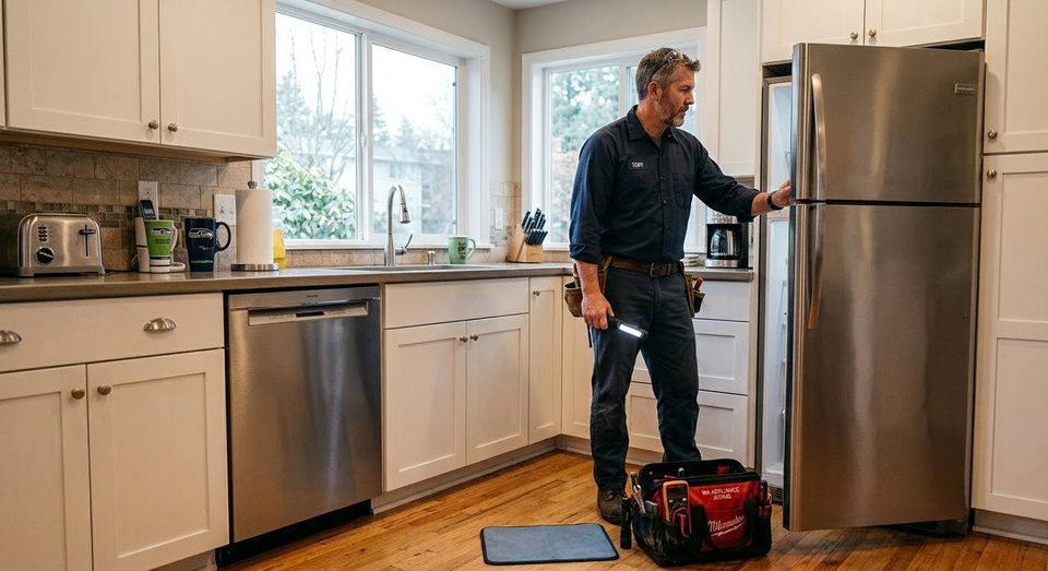 Refrigerator inspection with a worklight in a family kitchen