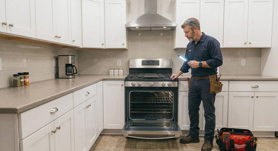 Technician inspecting a gas range and open oven in a Whatcom County kitchen