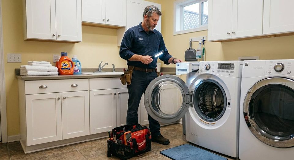 Technician checking a washing machine dispenser drawer by worklight